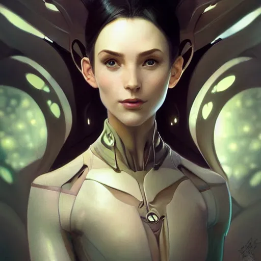 Image similar to portrait of a futuristic fairy, science fiction, smooth technology, smooth body, intricate, headshot, highly detailed, digital painting, artstation, concept art, sharp focus, cinematic lighting, illustration, art by artgerm and greg rutkowski, alphonse mucha, cgsociety