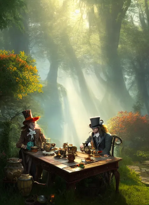 Image similar to The Mad hatter sitting in his tea table, mist, sunrays, dust in the air, DnD character, unreal engine, octane render, dramatic lighting, pond, digital art, by Stanley Artgerm Lau, greg rutkowski, thomas kindkade, alphonse mucha, loish, norman Rockwell,