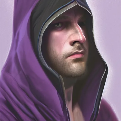 Image similar to ultra realistic illustration, man in a black hood, in a striped purple balaclava, mysterious, highly detailed, digital painting, artstation, concept art, smooth, sharp focus, illustration