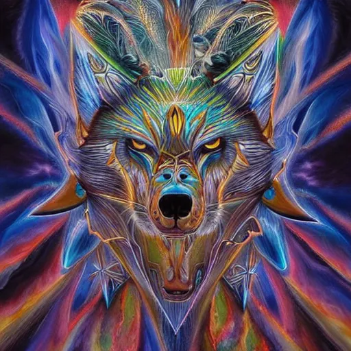 Image similar to spirit wolf made of electricity thunder storm by GEOGLYPHIKS by FABIÁN JIMÉNEZ by MICHAEL DIVINE by AMANDA SAGE in the style of oil painting visionary art, intricate oil painting artwork. , trending on artstation, very coherent symmetrical artwork, oil painting