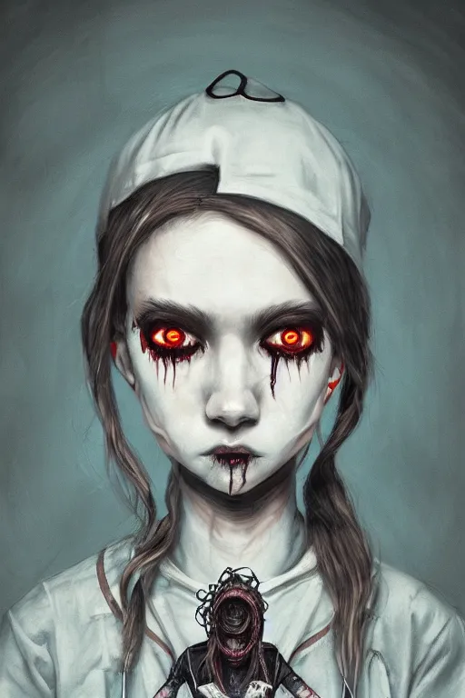 Image similar to cartoon grunge portrait of a creepy horror nurse girl . intricate abstract. intricate artwork. nightmare fuel. terrifying. by Tooth Wu, wlop, dan mumford , trending on artstation, greg rutkowski very coherent symmetrical artwork. cinematic, hyper realism, high detail, octane render, 8k