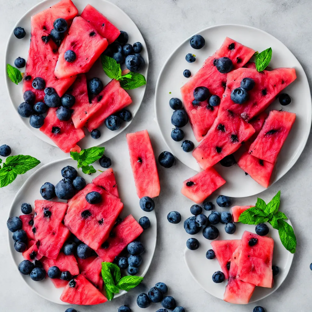 Image similar to blueberry watermelon hybrid on a plate, hyper real, food photography, high quality