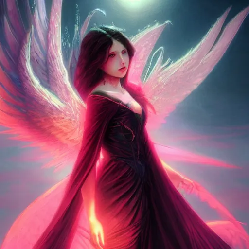 Prompt: young vampire princess with burning wings 4 k high definition colorful pink and black dramatic lighting artstation trending path traced contrast light and dark cinematic breathtaking by gustave dore, noriyoshi ohrai, patrick woodroffe, and hans zatzka