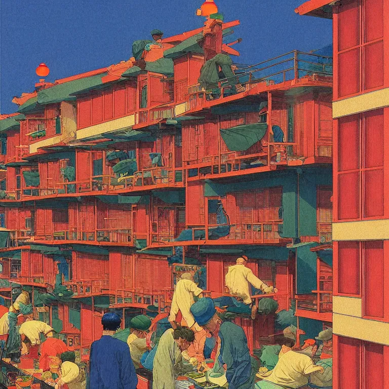 Prompt: workers exploited, living in hostels with bunk beds stacked on top of one another, by kawase hasui, moebius and edward hopper, vivid bright light, colorful flat surreal design, hd, 4 k, artstation