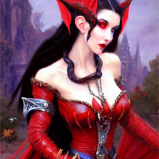 Image similar to Gothic elf princess in red dragon armor by Konstantin Razumov, face close up