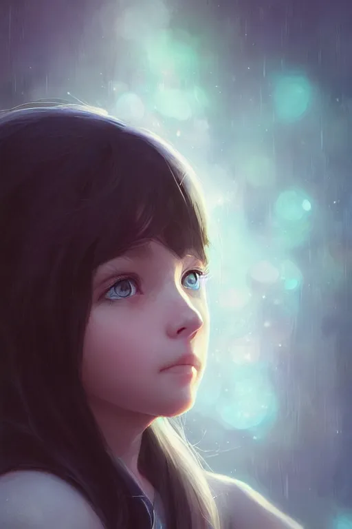 Prompt: beautiful portrait of little girl, black hair, blue eyes by charlie bowater, ross tran, artgerm, and makoto shinkai, detailed, soft lighting, rendered in octane