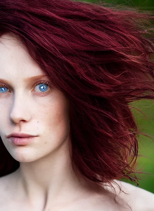 Image similar to close up portrait photograph of a thin young redhead woman with russian descent, sunbathed skin, with deep blue eyes. Wavy long maroon colored hair. she looks directly at the camera. Slightly open mouth, face takes up half of the photo. a park visible in the background. 55mm nikon. Intricate. Very detailed 8k texture. Sharp. Cinematic post-processing. Award winning portrait photography. Sharp eyes.