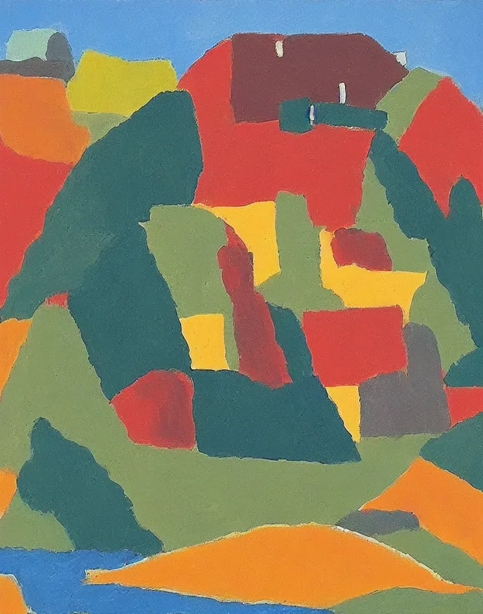 Prompt: a building in a stunning landscape by Etel Adnan