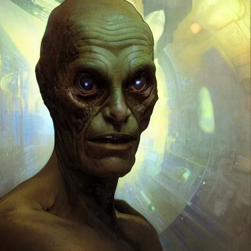 Prompt: hyperrealist portrait of an ancient old alien with large cruel intelligent eyes and a huge head standing in front of a computer interface by jeremy mann and alphonse mucha and goya, fantasy art, photo realistic, dynamic lighting, artstation, poster, volumetric lighting, very detailed faces, award winning, full face, symmetry