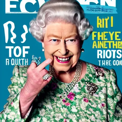 Image similar to the queen of england making a rude gesture lifting her middle finger in a magazine cover photo.