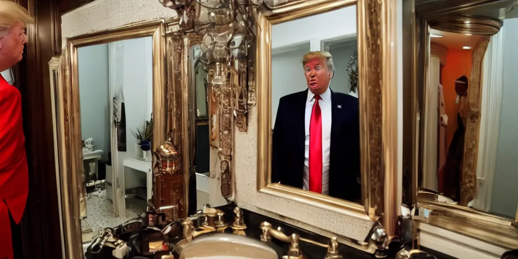 Prompt: ultra wide angle photo of donald trump wearing a looking at himself in a bathroom mirror and seeing his reflection dressed as an oompa loompa