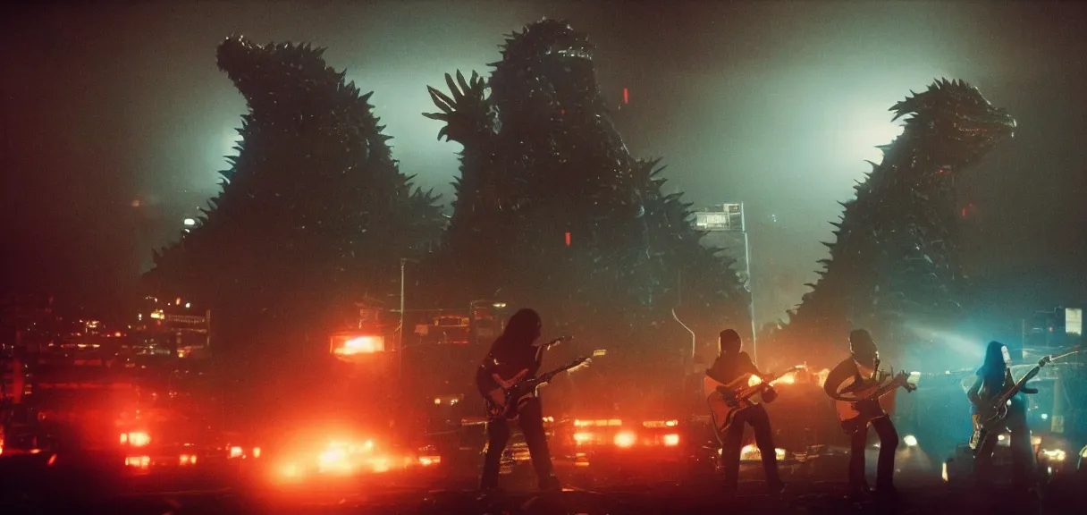 Prompt: The wide shot of disco rock Asian band with long dark hair playing on guitars while Godzilla and aliens destructs the night city, Godzilla on the horizon line, by Lubezki, Christopher Doyle and David Lynch, anamorphic 35 mm lens, cinematic, anamorphic lens flares 4k