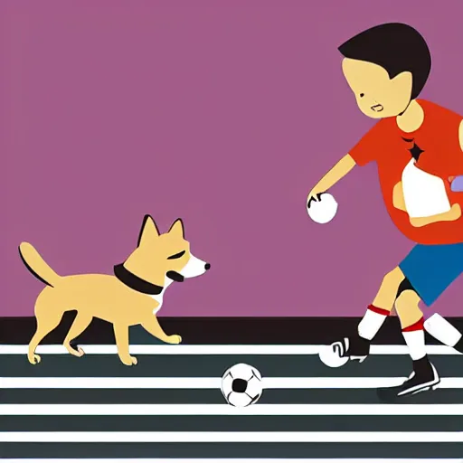 Image similar to illustration of boy playing football with his dog on the streets of paris, his dog dog is a corgi that wears a polkadot scarf