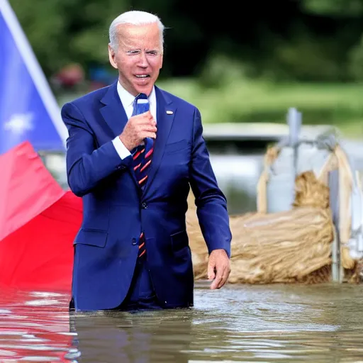 Prompt: Joe Biden holding a speech about a german town being flooded