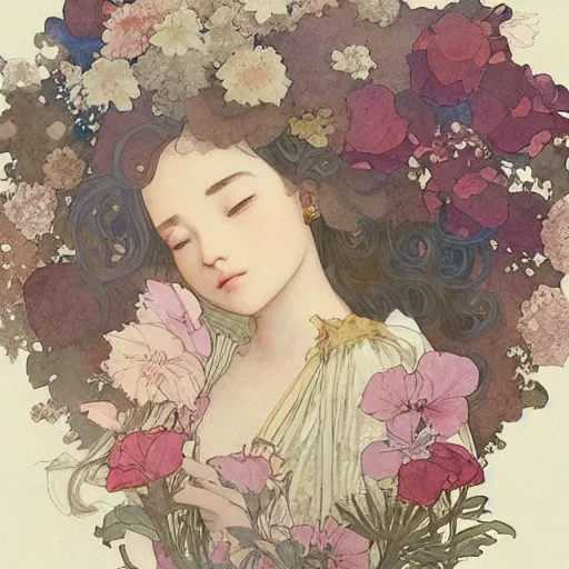 Prompt: a beautiful intricate watercolor illustration of a sleeping girl with flowers,, 4 k, ultra - wide angle, by william turner, by victo ngai, by alphonse mucha, by miho hirano, by moebius, hd, trending on artstation, hyper detailed, muted intense colors