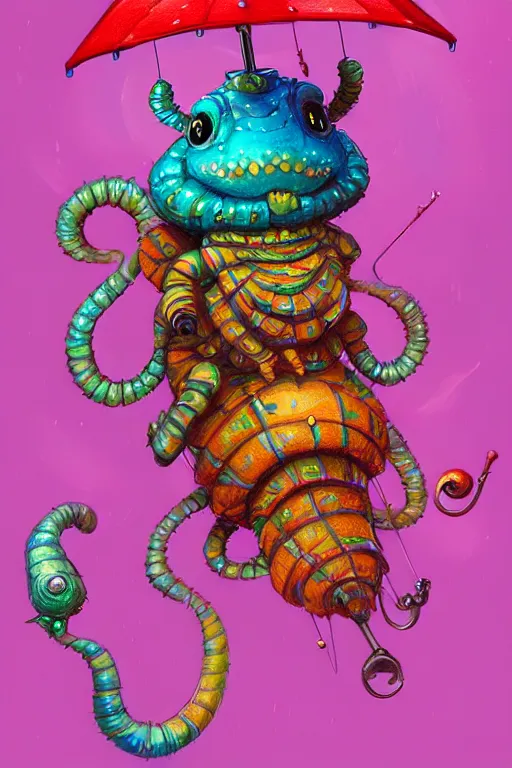 Prompt: a cute caterpillar with an umbrella, colorful, fantasy, intricate, highly detailed, digital painting, HQ, trending on artstation, illustration, style of Stanley Artgerm and Greg Rutkowski and Dan Mumford