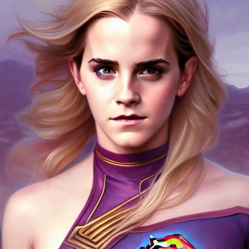 Image similar to Blonde Emma Watson as Super Girl, western, D&D, fantasy, intricate, elegant, highly detailed, digital painting, artstation, concept art, matte, sharp focus, illustration, art by Artgerm and Greg Rutkowski and Alphonse Mucha