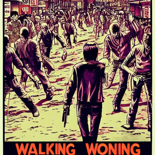 Image similar to glossy old advertising poster, the walking dead, man walking through crowded hong kong street, zombies, horror, drawn comic by junji ito, pastels, gradient