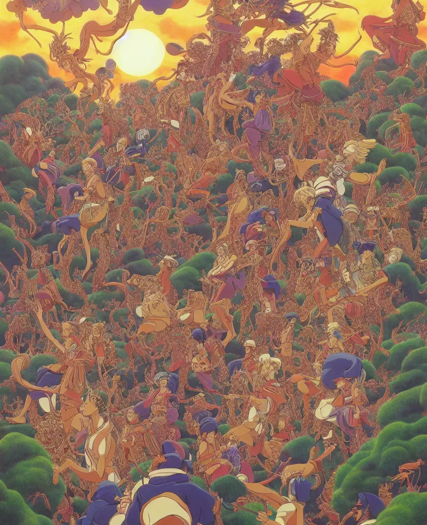Prompt: beautiful intricate painting from the anime film by studio ghibli, vibrantly psychedelic LSD crowds of people cheering on battle, fur, trending on artstation, painting by raqib shaw and MC escher, cell shading, thick lines, high contrast, highly detailed, golden hour