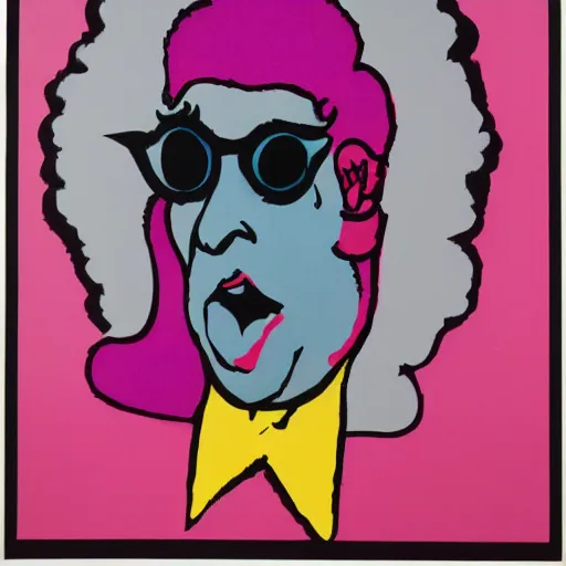 Prompt: individual screaming dame edna everage silk screen francis bacon