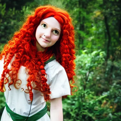 Image similar to woman with long curly red hair in villager cosplay from super smash brothers. beautiful. relaxed. realistic photo. cosplay photoshoot. high detail. convention photo.