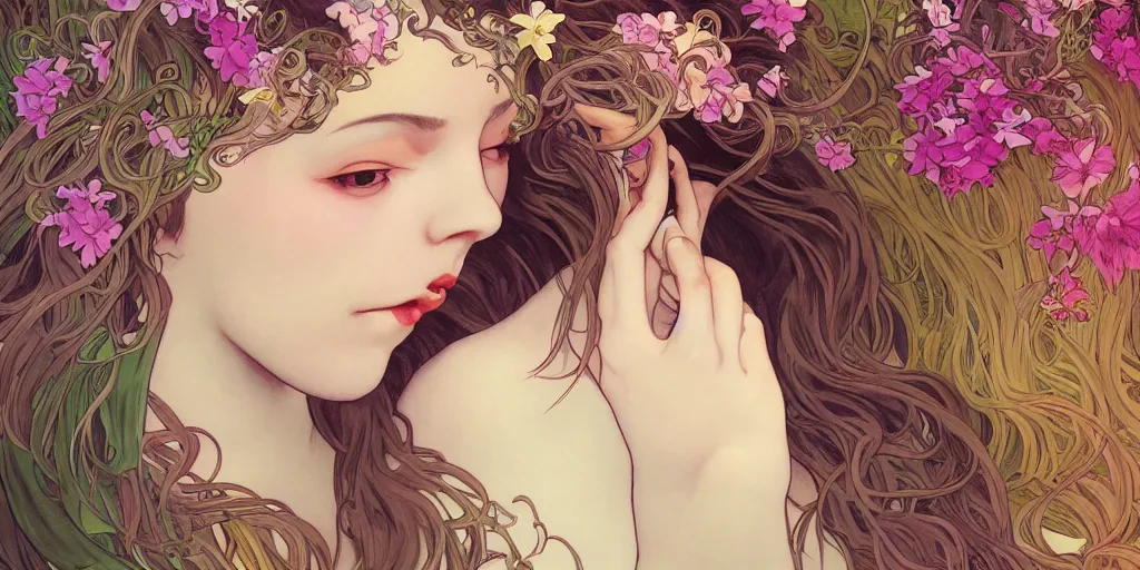 Prompt: a portrait of a very seductive young woman, hair full of gigantic flowers and tentacles, photoillustration, realistic, closeup, facing the camera, dramatic lighting, in the style of WLOP and Alphonse Mucha and Kim Deuk-sin