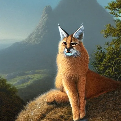 Image similar to a cute fluffy caracal on a high hill landscape with a circle of four large stones like fingers on the top, by ted nasmith