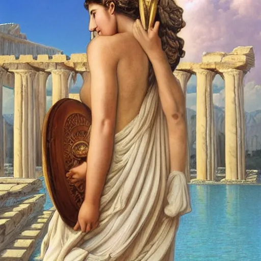 Image similar to young ancient greek godess in helmet, ancient greek temple, by David Ligare, wide angle scifi landscape, hyperrealistic surrealism, award winning masterpiece with incredible details, epic stunning, infinity pool, a surreal vaporwave liminal space, highly detailed, trending on ArtStation, artgerm and greg rutkowski and alphonse mucha, daily deviation, IAMAG, broken giant marble head statue ruins, golden hour