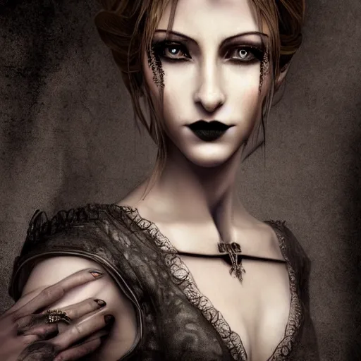 Image similar to full length portrait of a woman with timeless beauty & breathtaking eyes dressed in gothic attire, intricate, elegant, DSLR 8K, biblical art, realism, incomprehensible detail, final fantasy & silent hill aesthetic, photorealistic, lifelike, created by Razaras on deviantart