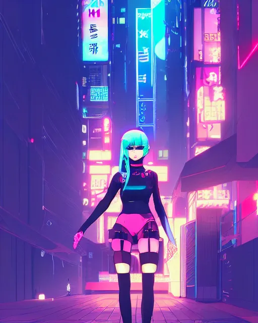 Image similar to digital illustration of cyberpunk pretty girl with blue hair, wearing a black dominatrix outfit, in city street at night, by makoto shinkai, ilya kuvshinov, lois van baarle, rossdraws, basquiat