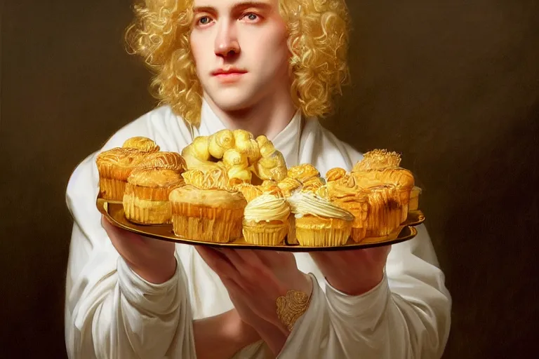 Prompt: Lucius as a pale albino prince of luxurious scintillating radiance, long fluffy blond curly hair, enjoying delicate cakes and pastries, oil on canvas, golden hour, artstation, by J. C. Leyendecker and Peter Paul Rubens