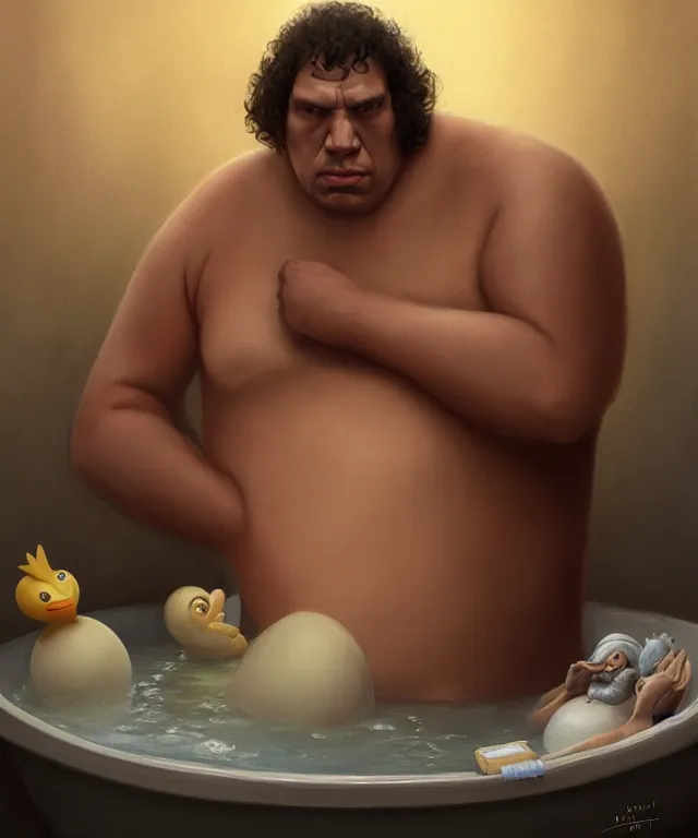 Prompt: andre the giant, cinematic, in a bathtub, holding a rubber ducky, elegant, highly detailed, digital painting, artstation, smooth, hard focus, illustration, art by jessica rossier and and brian froud