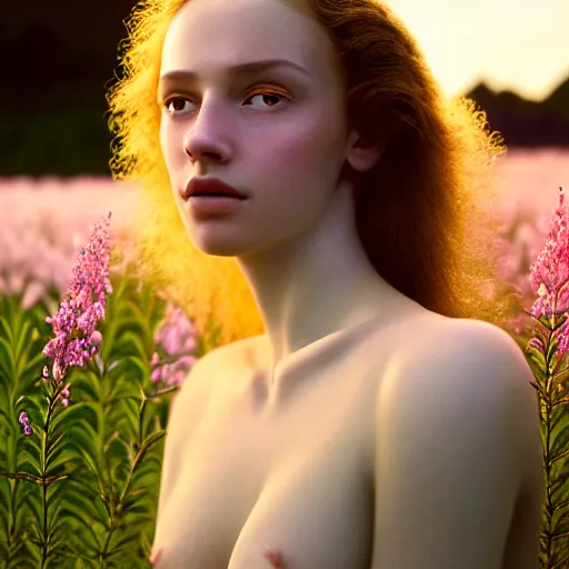 Image similar to photographic portrait of a stunningly beautiful renaissance female in soft dreamy light at sunset, field of fireweed, contemporary fashion shoot, by edward robert hughes, annie leibovitz and steve mccurry, david lazar, jimmy nelsson, breathtaking, 8 k resolution, extremely detailed, beautiful, establishing shot, artistic, hyperrealistic, beautiful face, octane render