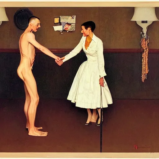 Image similar to a thin man understands by the way his wife is standing that she has issues, painted by norman rockwell and tom lovell and frank schoonover