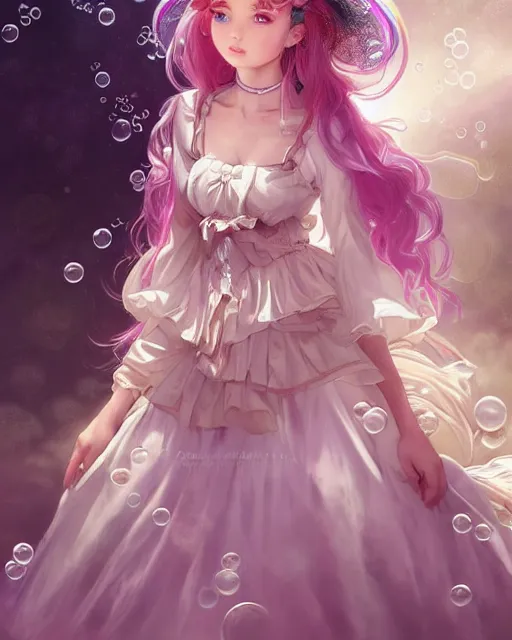 Image similar to portrait of magical lolita girl, dreamy and ethereal, expressive pose, big gold eyes, exciting expression, fantasy, intricate, elegant, many rainbow bubbles, rose tones, highly detailed, anime, artstation, concept art, cyberpunk wearing, smooth, sharp focus, illustration, art by artgerm and greg rutkowskiand alphonse mucha