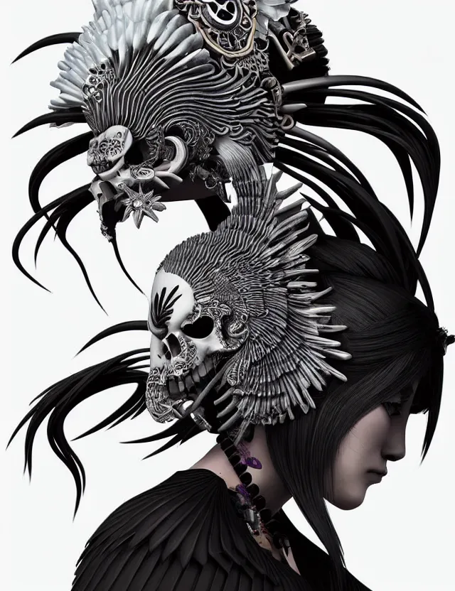 Image similar to 3 d goddess close - up profile simple portrait punk skull with mohawk with ram skull. beautiful intricately detailed japanese crow kitsune mask and clasical japanese kimono. betta fish, jellyfish phoenix, bio luminescent, plasma, ice, water, wind, creature, artwork by tooth wu and wlop and beeple and greg rutkowski