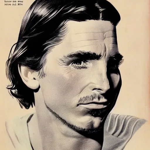 Prompt: “Christian Bale portrait, color vintage magazine illustration 1950”