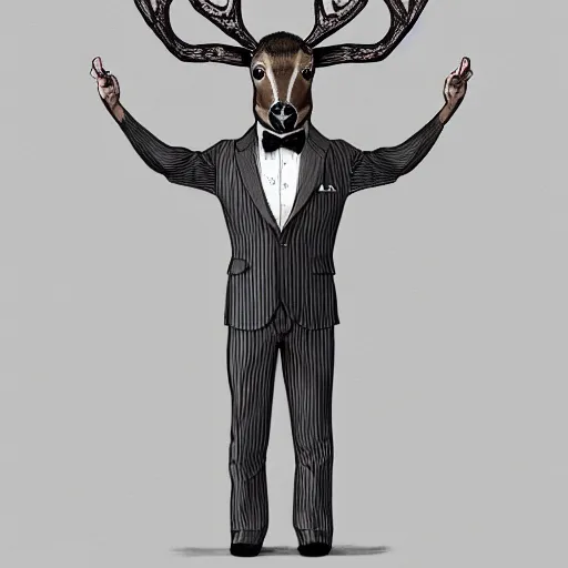 Prompt: a upper body portrait of a deer lord in a pinstriped suit and pants wearing a monocle and a fedora, intricate detail, digital art, trending on artstation