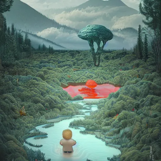 Image similar to inflatable landscape with forest, river and mountains floating child dreams and wishes , concept art, huge scale, high detail, sci fi by James Jean