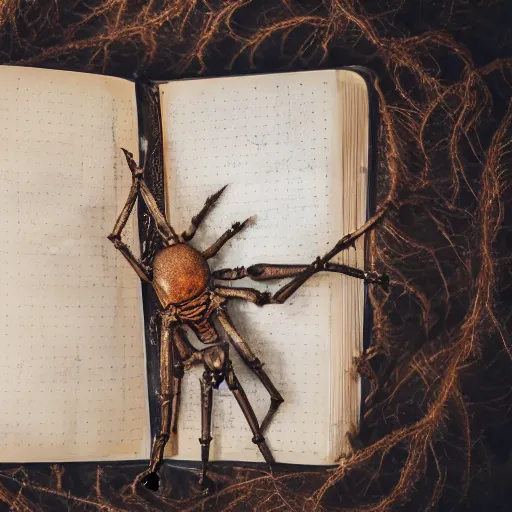 Prompt: a photo of hand skeleton above a dusty diary book, cover with spider web, rusty and old table