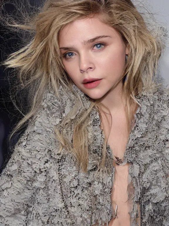 Image similar to hyperdetailed close shot of chloe grace moretz, fashion, venus, with ripped crop t - shirt, fine - face, pretty face