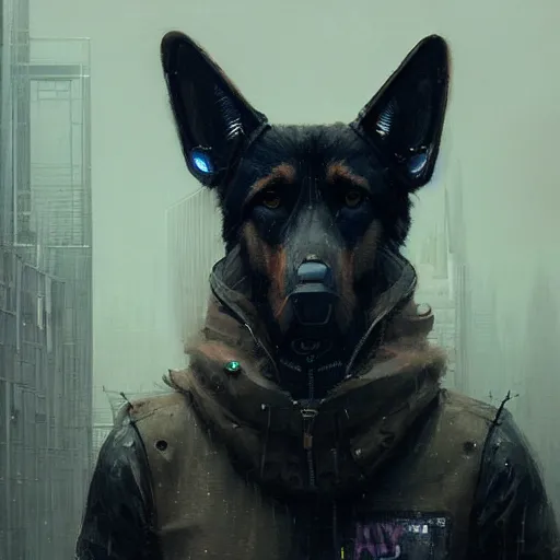 Image similar to new york city portrait of furry anthro anthropomorphic german shepard head animal person fursona wearing clothes strange cybernetic augmentations cyber muzzle gloomy rainy cyberpunk digital art by Greg Rutkowski, Simon Stalenhag, trending on Artstation, CGSociety