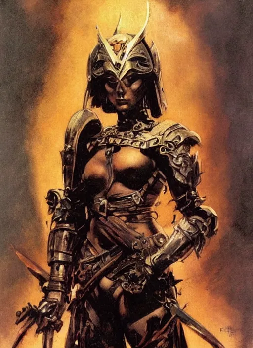 Image similar to portrait of european female chaos angel, beautiful! coherent! by frank frazetta, by brom, strong line, deep color, copper armor, iron helm, high contrast, maximalist