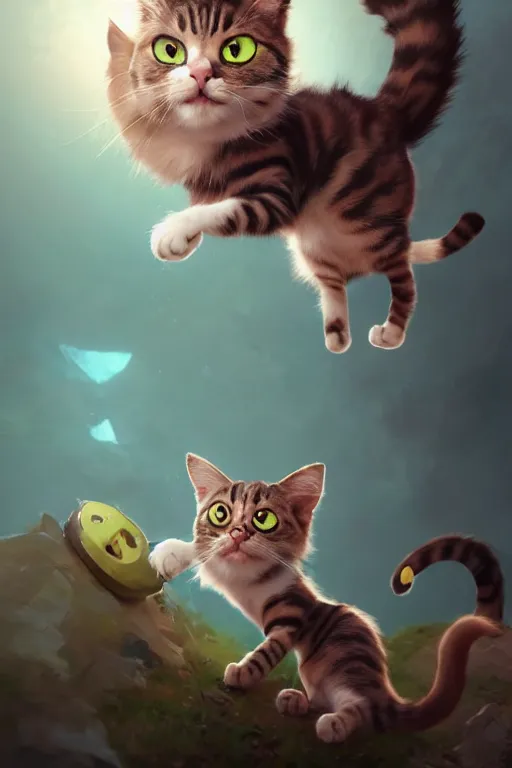 Image similar to a cartoony cat, in the style of Rayman origins, michael ancel, Ruan Jia and Mandy Jurgens and Greg Rutkowski, trending on Artstation, award winning, unreal engine, octane render W 1024