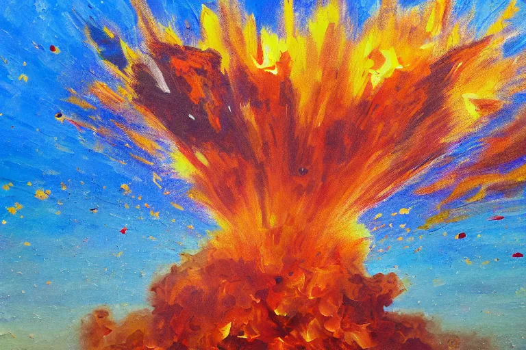 Image similar to oil painting of giant explosion made with flowers, clean blue sky, in style of 80s sci-fi book art