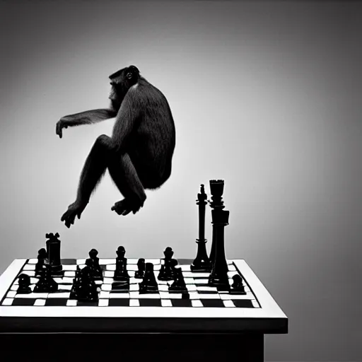 Prompt: black and white portrait photo of a monkey scratching his head, looking at a chess board, confused, annie liebovitz,