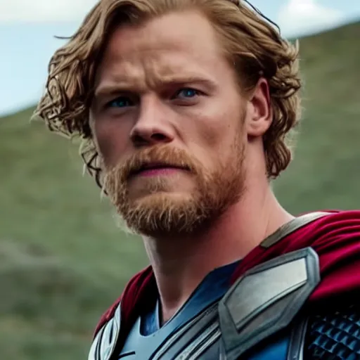 Image similar to Sam heughan as Thor, captain america and Superman epic cinematic shoot hd