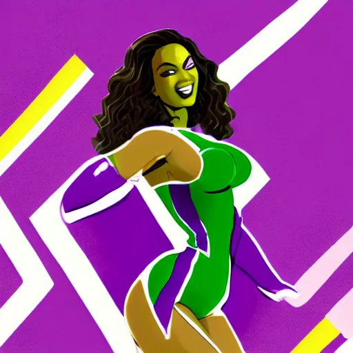 Prompt: Singer Beyoncé as She-Hulk, white leotard with two purple vertical stripes, green skin, wearing purple and white fingerless gloves, wearing purple and white sneakers, mini skirt, smiling, photorealistic, comic pinup style, sports illustrated, detailed legs, hyperreal, surreal, artstation, bokeh, tilt shift photography, photo illustration, Roge Antonio, Jen Bartel