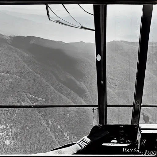 Prompt: the bridge of a military zeppelin's gondola, with a view to a mountain valley outside