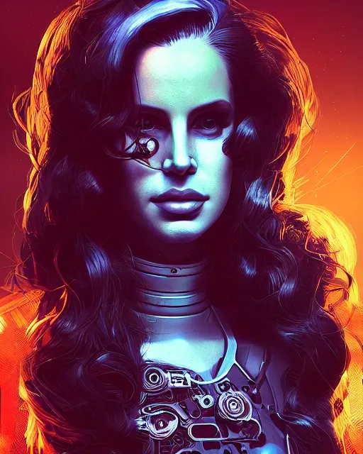 Image similar to portrait of lana del rey as a cyberpunk cyborg. roses, sci - fi, intricate abstract upper body intricate artwork, by tooth wu, wlop, beeple, dan mumford. concept art, octane render, deviantart, greg rutkowski, cinematic arthouse, key art, hyper realism, iridescent accents